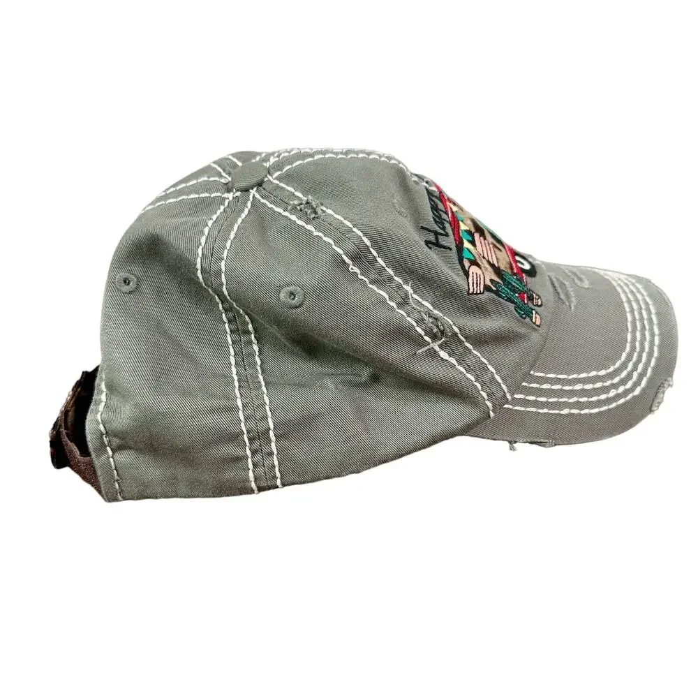 Kbethos Vintage NWT 100% Cotton Gray Happy Camper Cheetah Print Embroidered Cap
